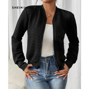 NEW Frenchy Textured Long Sleeve Casual Cropped Baseball Jacket XS